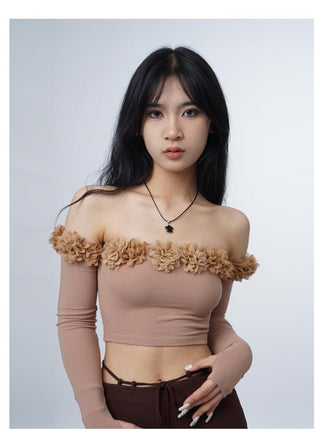 3D flower one-shoulder slim tube top