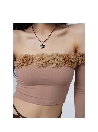 3D flower one-shoulder slim tube top
