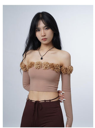 3D flower one-shoulder slim tube top