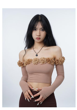 3D flower one-shoulder slim tube top