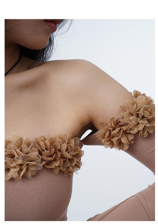 3D flower one-shoulder slim tube top