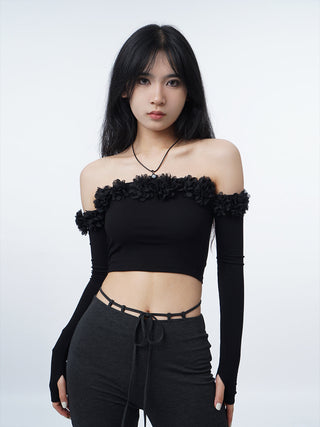 3D flower one-shoulder slim tube top