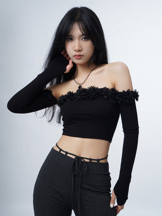 3D flower one-shoulder slim tube top