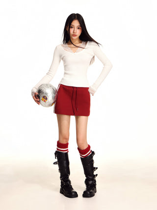 V-neck lace edge wool sweater