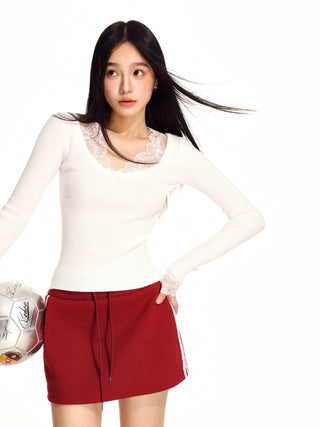 V-neck lace edge wool sweater