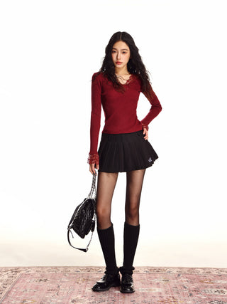 V-neck lace edge wool sweater
