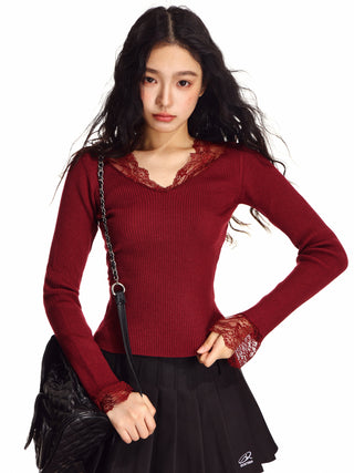 V-neck lace edge wool sweater