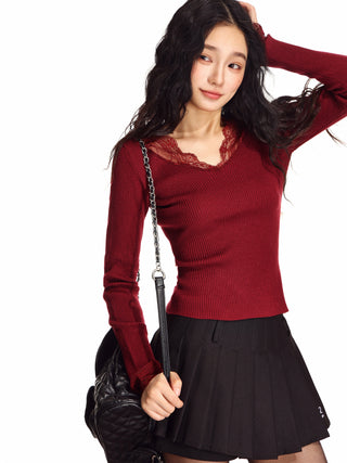 V-neck lace edge wool sweater