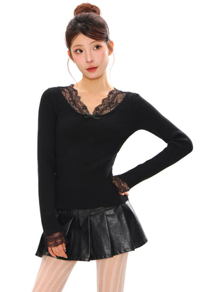 V-neck lace edge wool sweater