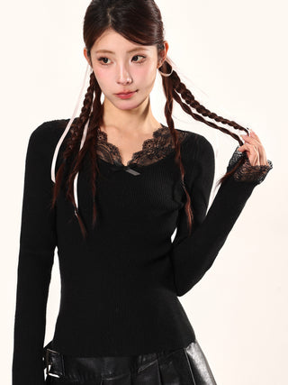 V-neck lace edge wool sweater