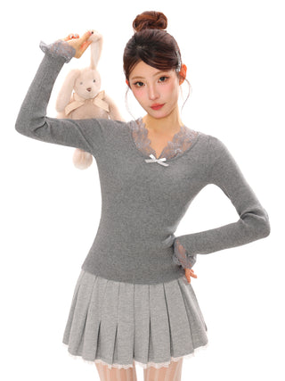 V-neck lace edge wool sweater