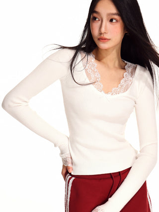 V-neck lace edge wool sweater