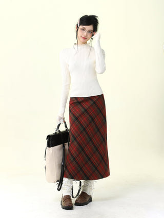 Red V-neck slim Waist Sweater and Plaid Skirt