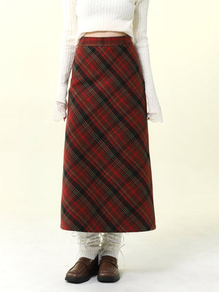 Red V-neck slim Waist Sweater and Plaid Skirt