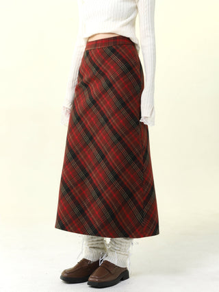 Red V-neck slim Waist Sweater and Plaid Skirt