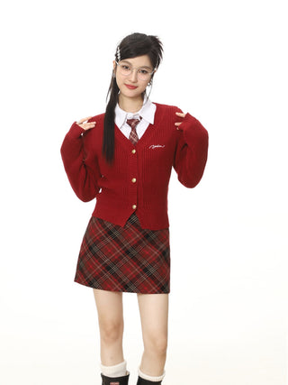 Red V-neck slim Waist Sweater and Plaid Skirt