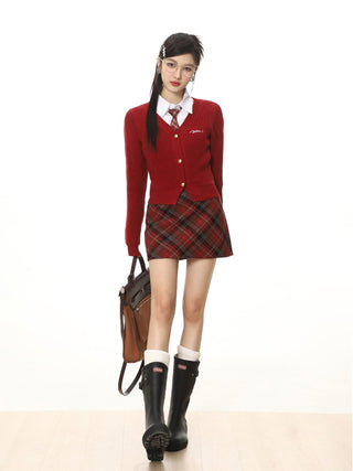 Red V-neck slim Waist Sweater and Plaid Skirt