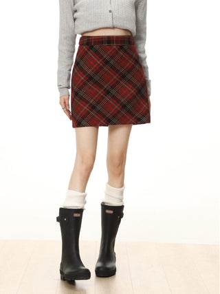 Red V-neck slim Waist Sweater and Plaid Skirt