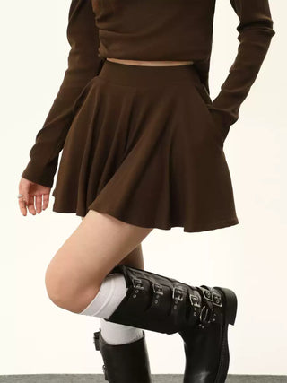 Long-sleeved irregular knitted sweater and High waist A-line skirt set