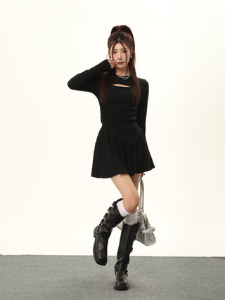 Long-sleeved irregular knitted sweater and High waist A-line skirt set