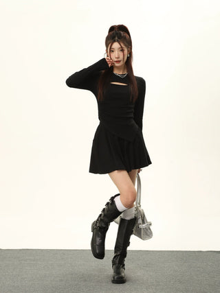 Long-sleeved irregular knitted sweater and High waist A-line skirt set