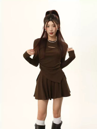 Long-sleeved irregular knitted sweater and High waist A-line skirt set