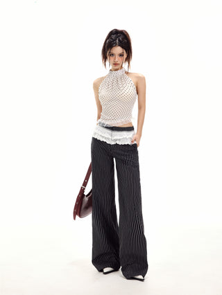 Lace chiffon polka dot and striped wide-leg pants