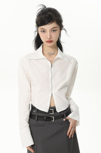 Double zipper long-sleeved shirt and casual skirt