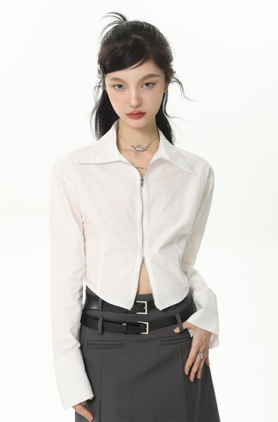 Double zipper long-sleeved shirt and casual skirt