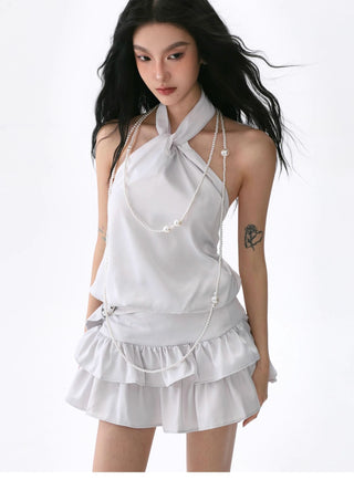 Knot puffy halter neck top suit and belted cake skirt