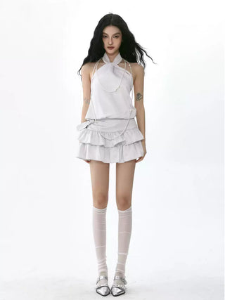 Knot puffy halter neck top suit and belted cake skirt