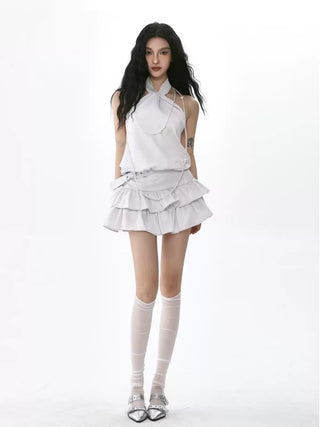 Knot puffy halter neck top suit and belted cake skirt