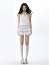 Knot puffy halter neck top suit and belted cake skirt
