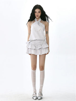 Knot puffy halter neck top suit and belted cake skirt
