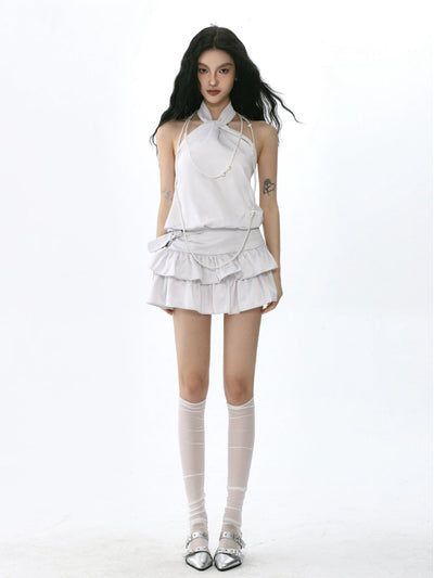 Knot puffy halter neck top suit and belted cake skirt