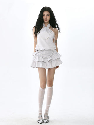 Knot puffy halter neck top suit and belted cake skirt