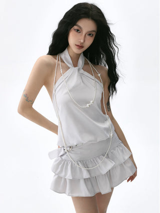 Knot puffy halter neck top suit and belted cake skirt