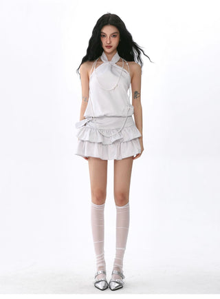 Knot puffy halter neck top suit and belted cake skirt