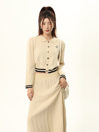 Contrast color striped knit cardigan and high waist slim skirt