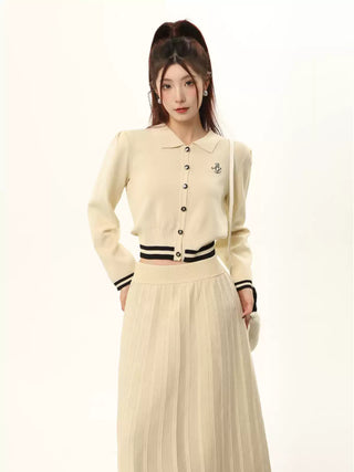 Contrast color striped knit cardigan and high waist slim skirt