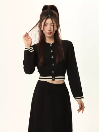 Contrast color striped knit cardigan and high waist slim skirt