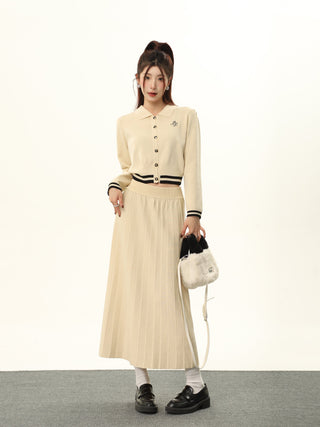 Contrast color striped knit cardigan and high waist slim skirt
