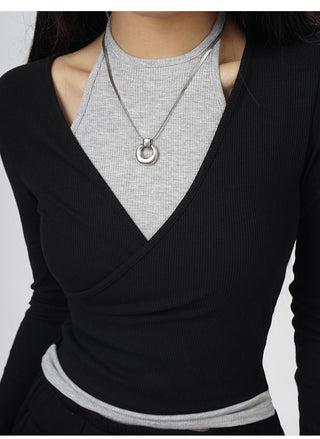 Slim halter neck fake two-piece top