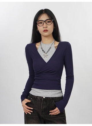 Slim halter neck fake two-piece top