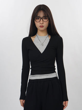 Slim halter neck fake two-piece top