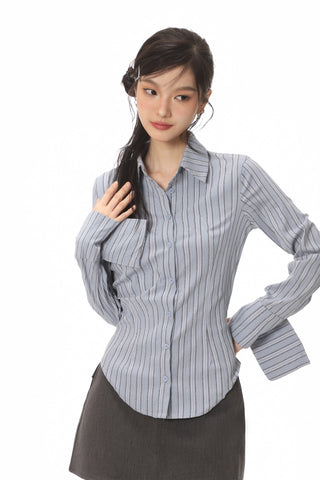 Long-sleeved stripped shirt and skirt two-piece suit