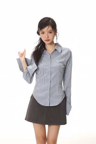 Long-sleeved stripped shirt and skirt two-piece suit