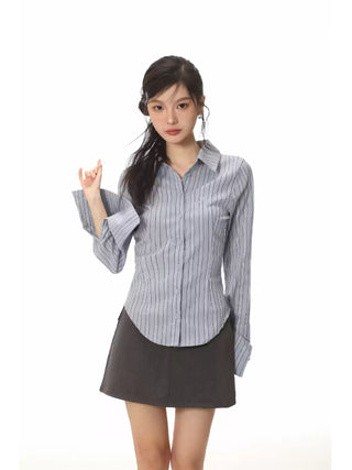 Long-sleeved stripped shirt and skirt two-piece suit