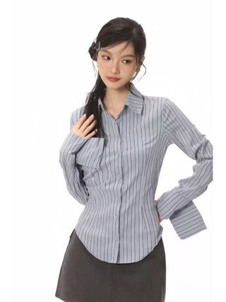 Long-sleeved stripped shirt and skirt two-piece suit
