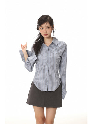 Long-sleeved stripped shirt and skirt two-piece suit